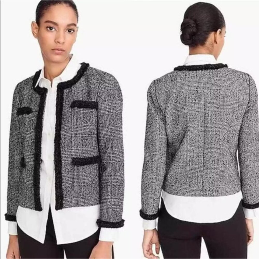 J. Crew Glen Plaid Black White Frayed Trim Metallic Shimmer Blazer Jacket 12 NWT